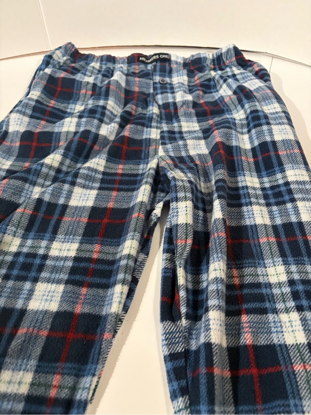 Members Only Blue Plaid Fleece Jogger Pants with Red Accent